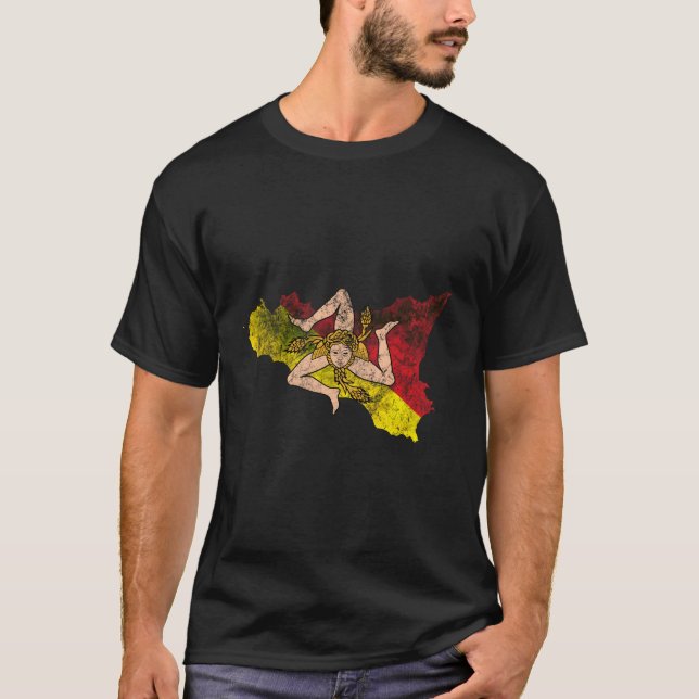 Sicilian Map And Flag Souvenir - Distressed Sicily T-Shirt (Front)