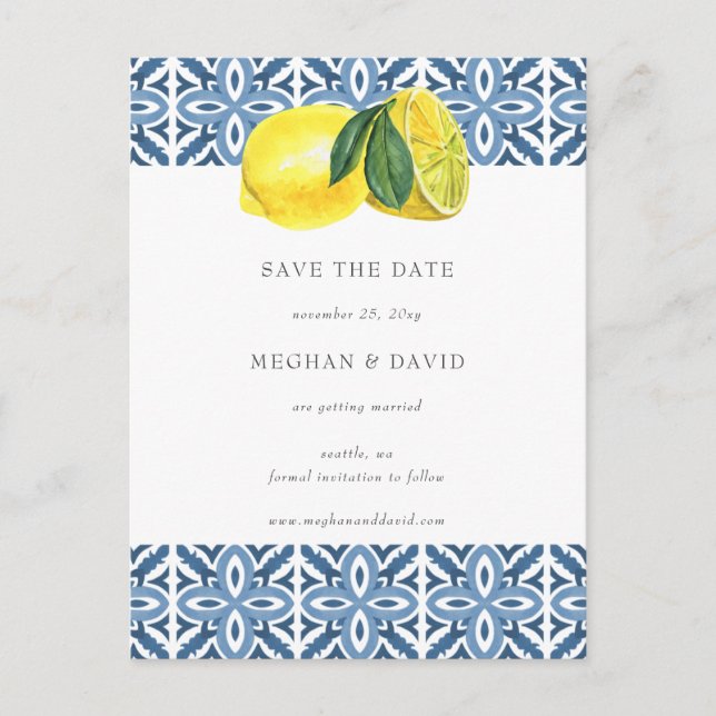 Sicilian Mediterranean Blue Lemons Save The Date  Announcement Postcard (Front)