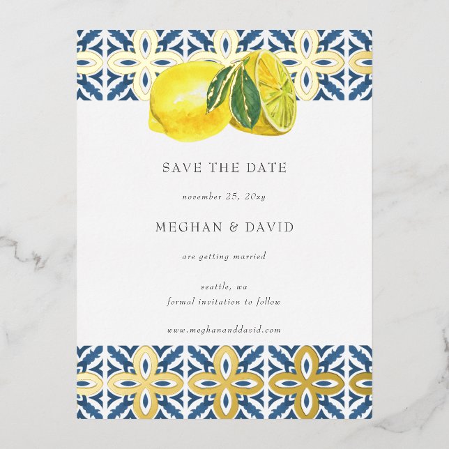 Sicilian Mediterranean Blue Lemons Save The Date  Foil Invitation Postcard (Front)