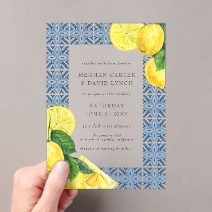 Sicilian Mediterranean Blue Tiles Lemon Wedding  Acrylic Invitations
