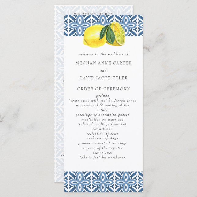 Sicilian Mediterranean Blue Tiles Lemons Wedding  Program (Front/Back)
