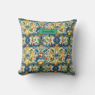 Sicilian Mediterranean citrus blue tiles Cushion