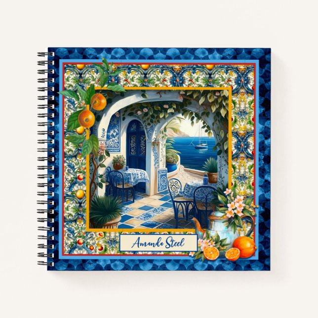 Sicilian Mediterranean citrus blue tiles Notebook (Front)