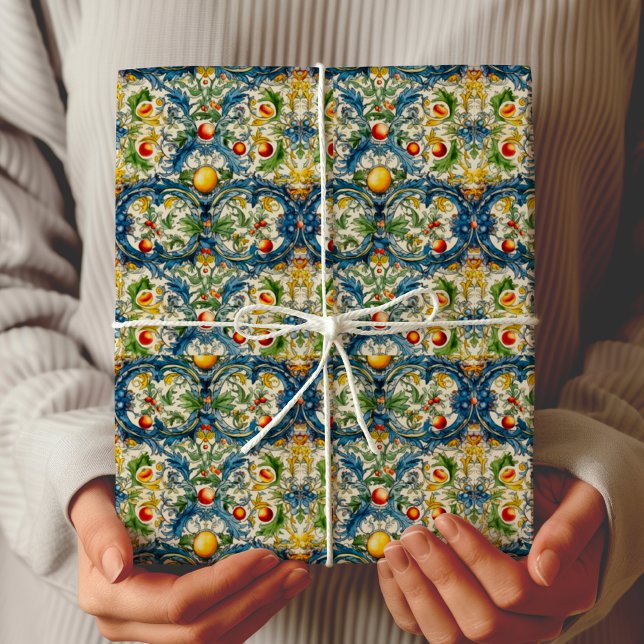 Sicilian Mediterranean citrus blue tiles Wrapping Paper (Creator Uploaded)