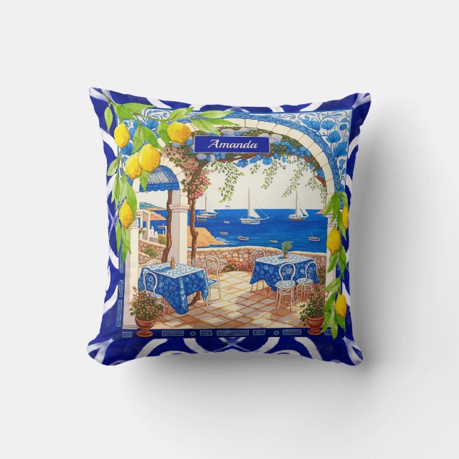 Sicilian Mediterranean majolica citrus blue tiles Cushion (Front)
