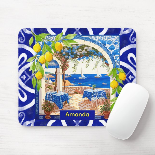 Sicilian Mediterranean majolica citrus blue tiles Mouse Pad (With Mouse)