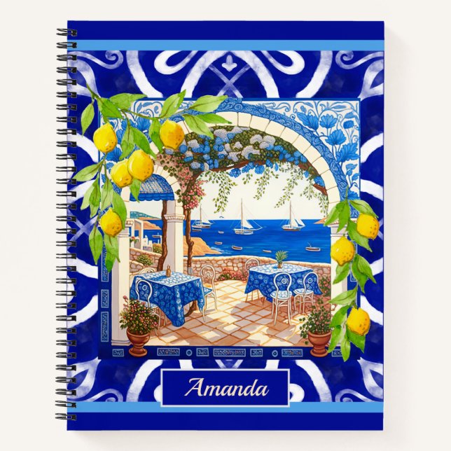 Sicilian Mediterranean majolica citrus blue tiles Notebook (Front)