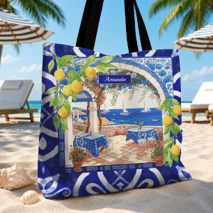 Sicilian Mediterranean majolica citrus blue tiles Tote Bag