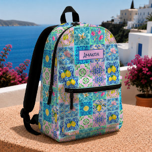 Sicilian Mediterranean Turquoise Azulejo Citrus Printed Backpack