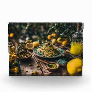 Sicilian Pistachio Pesto Spaghetti in Orchard Photo Block
