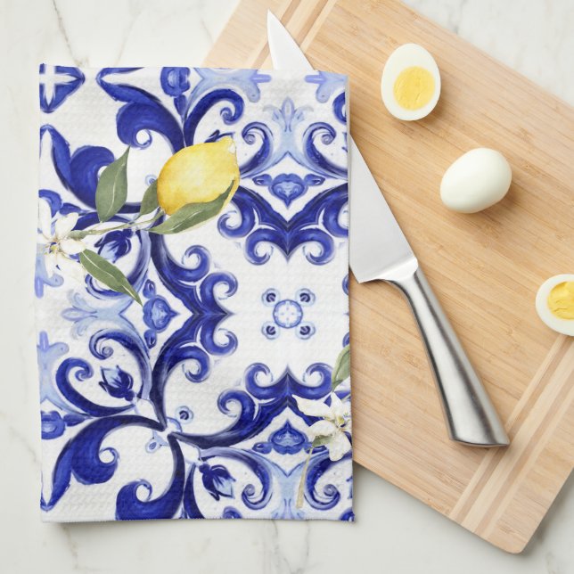 Sicilian style,lemons,majolica  tea towel (Quarter Fold)