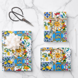 Sicilian style,summer art,lemons wrapping paper sheet