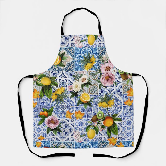 Sicilian style tiles with flowers and lemon  apron (Front)