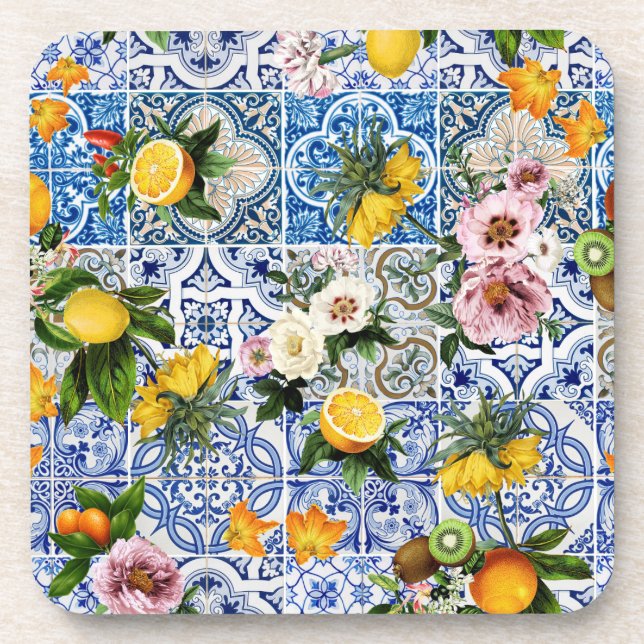 Sicilian style tiles with flowers and lemon coaster (Front)