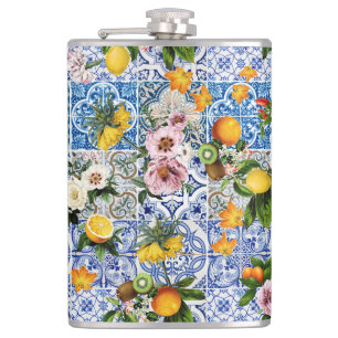 Sicilian style tiles with flowers and lemon hip flask