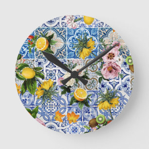 Sicilian style tiles with flowers and lemon round clock