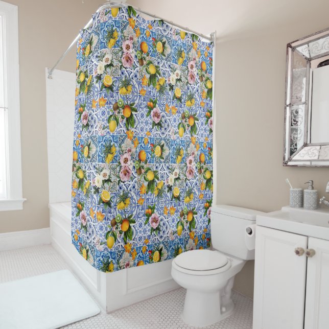 Sicilian style tiles with flowers and lemon  shower curtain (In Situ)