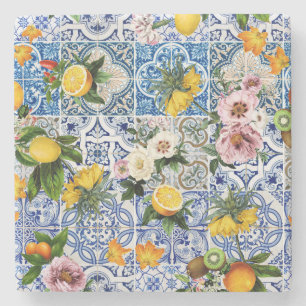 Sicilian style tiles with flowers and lemon stone coaster