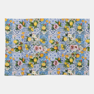Sicilian style tiles with flowers and lemon tea towel