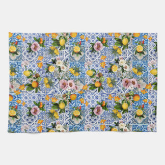 Sicilian style tiles with flowers and lemon tea towel