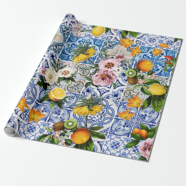 Sicilian style tiles with flowers and lemon wrapping paper (Unrolled)