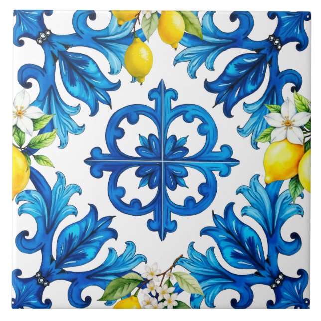 Sicilian,summer,lemon,mosaic,blue  ceramic tile (Front)