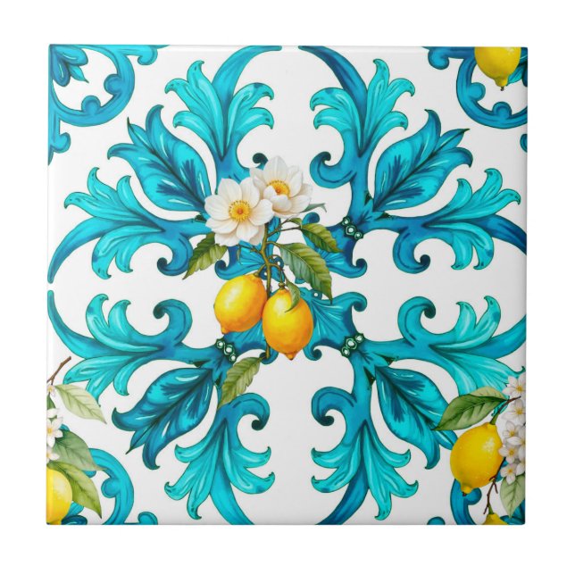 Sicilian,summer,lemon,mosaic,blue, Ceramic Tile (Front)