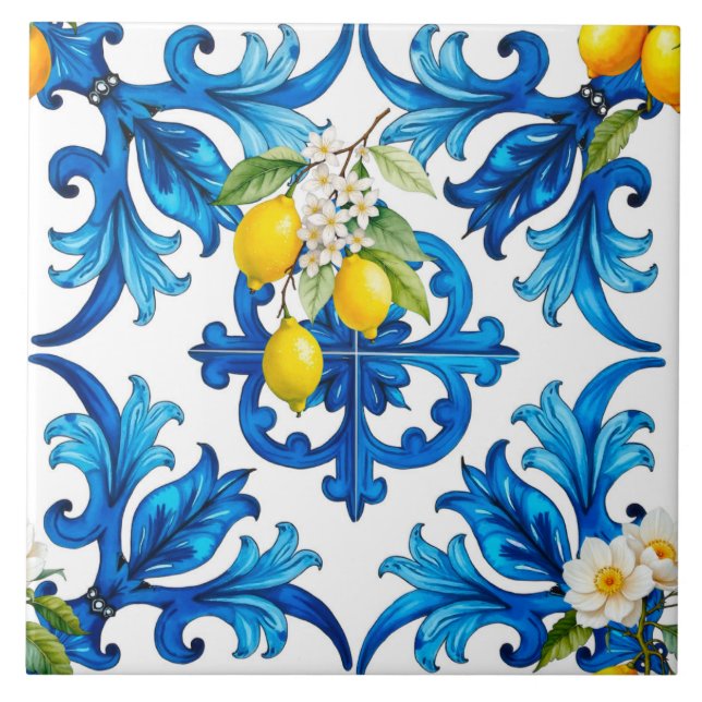 Sicilian,summer,lemon,mosaic,blue  ceramic tile (Front)