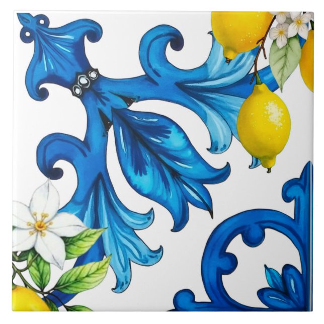 Sicilian,summer,lemon,mosaic,blue  ceramic tile (Front)