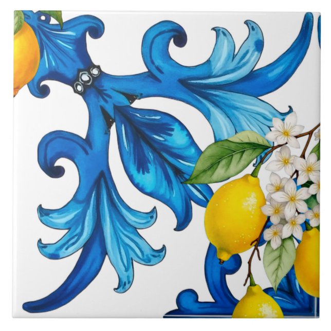 Sicilian,summer,lemon,mosaic,blue  ceramic tile (Front)