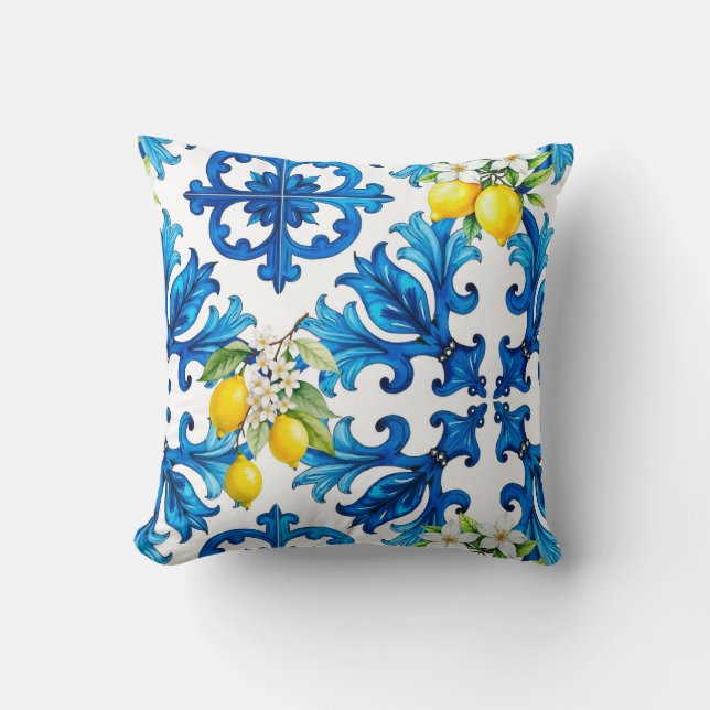 Sicilian,summer,lemon,mosaic,blue  cushion (Front)