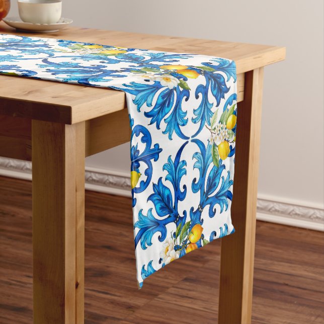 Sicilian,summer,lemon,mosaic,blue, Medium Table Runner (In Situ)