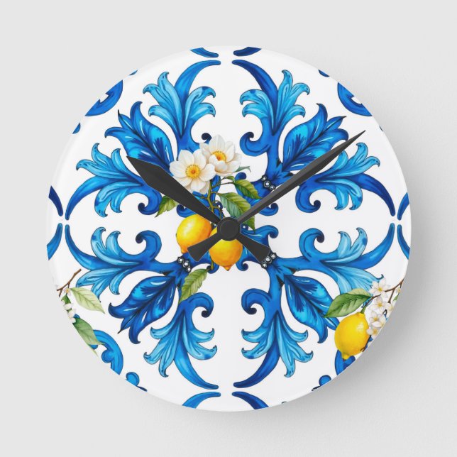 Sicilian,summer,lemon,mosaic,blue,scarf, Round Clock (Front)