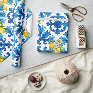 Sicilian,summer,lemon,mosaic,blue  wrapping paper