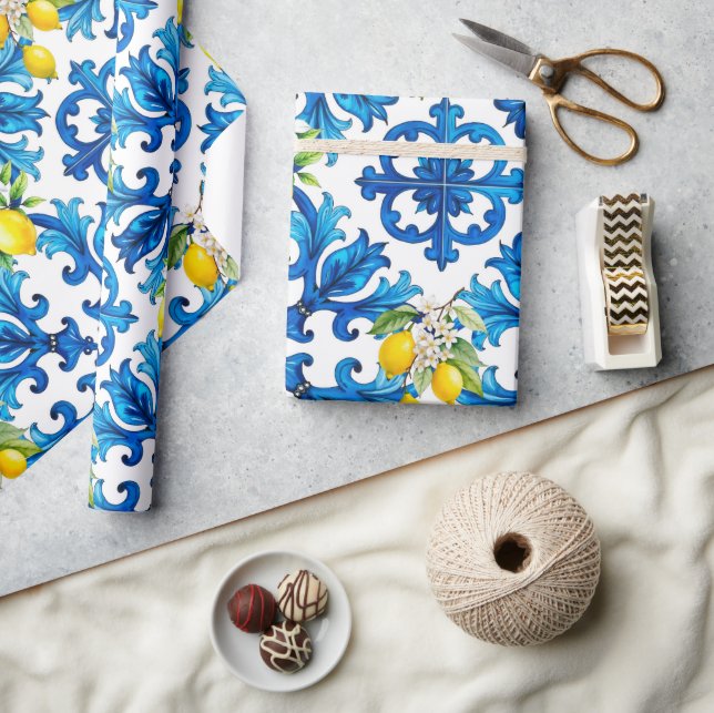 Sicilian,summer,lemon,mosaic,blue  wrapping paper (Crafts)