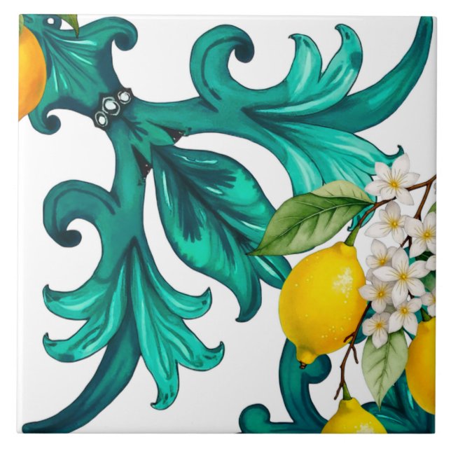 Sicilian,summer,lemon,mosaic,green, Ceramic Tile (Front)