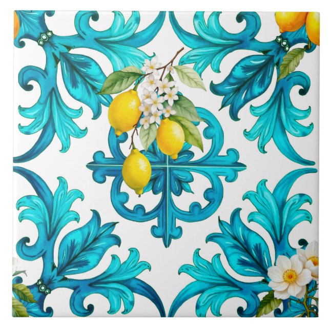 Sicilian,summer,lemon,mosaic,green, Ceramic Tile (Front)