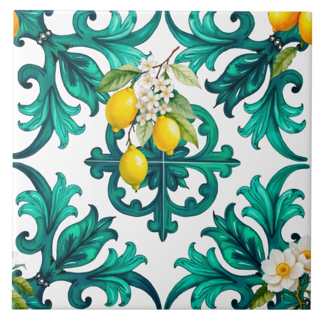 Sicilian,summer,lemon,mosaic,green, Ceramic Tile (Front)