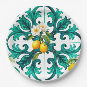 Sicilian,summer,lemon,mosaic,green, Paper Plate