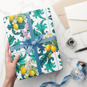 Sicilian,summer,lemon,mosaic,green, Wrapping Paper