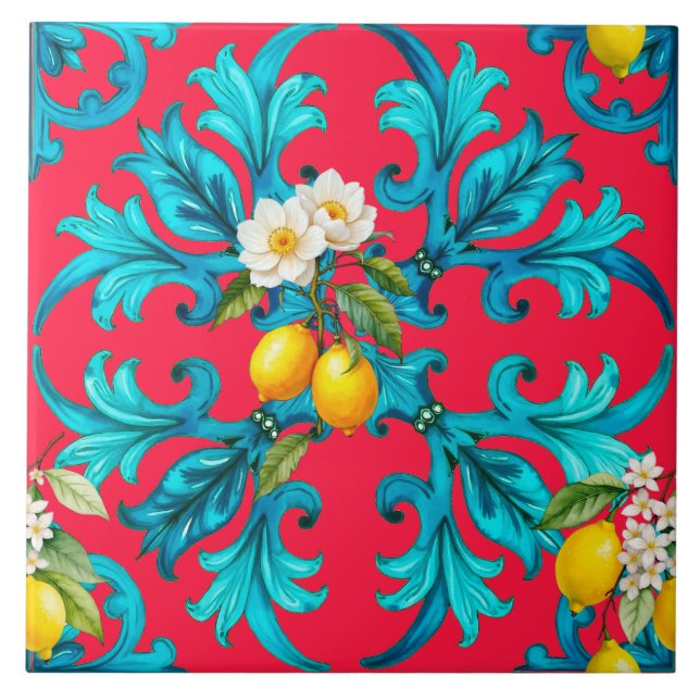 Sicilian,summer,lemon,mosaic,pink, Ceramic Tile (Front)
