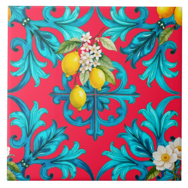 Sicilian,summer,lemon,mosaic,pink, Ceramic Tile (Front)