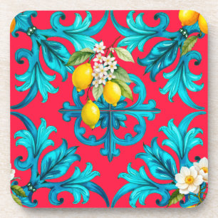 Sicilian,summer,lemon,mosaic,pink, Coaster