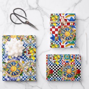 Sicilian sun,half moon,lemon,mediterranean tiles, wrapping paper sheet