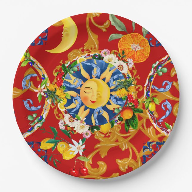 Sicilian sun,half moon,summer,majolica,lemon art, paper plate (Front)