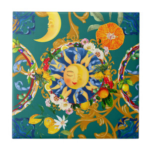 Sicilian sun,half moon,summer,majolica,lemon, ceramic tile