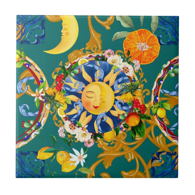 Sicilian sun,half moon,summer,majolica,lemon, ceramic tile (Front)