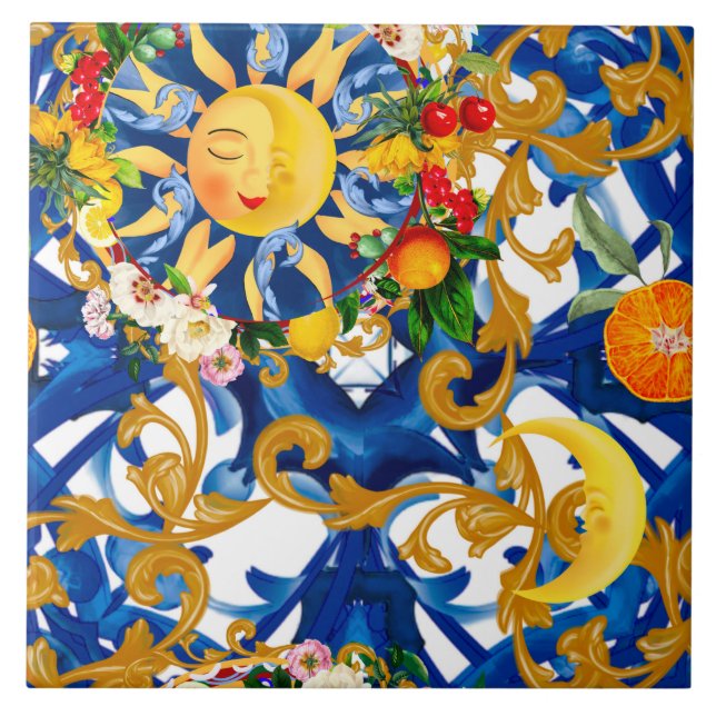 Sicilian sun,half moon,summer,majolica,lemon, ceramic tile (Front)