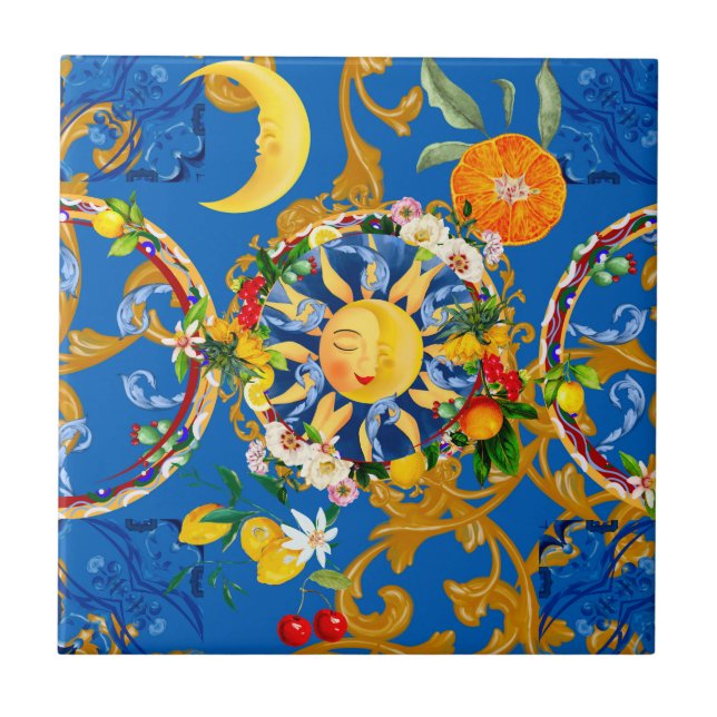 Sicilian sun,half moon,summer,majolica,lemon, ceramic tile (Front)