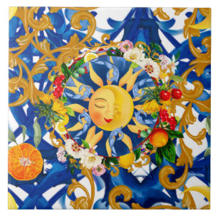 Sicilian sun,half moon,summer,majolica,lemon, ceramic tile
